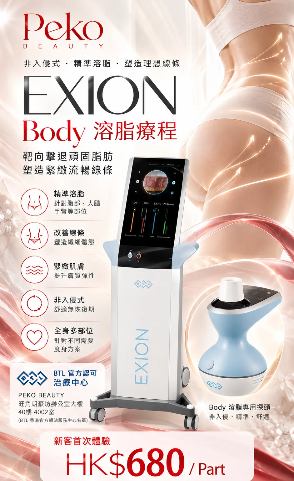 BTL Exion Body 溶脂療程宣傳圖：非入侵式、精準溶脂，新客首次體驗 HK$680 / Part