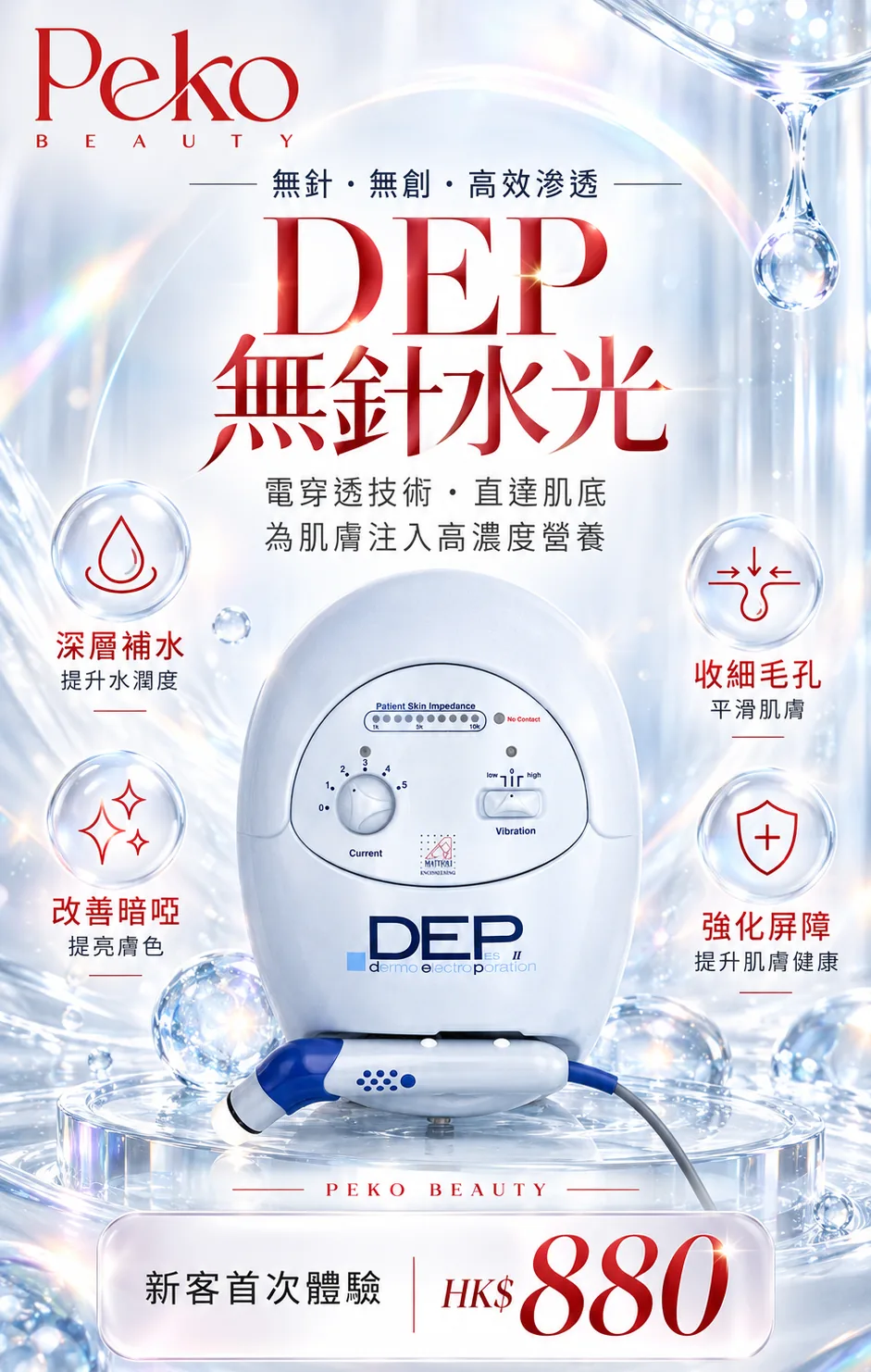 DEP 無針水光宣傳圖：電穿透技術、直達肌底為肌膚注入高濃度營養，新客首次體驗 HK$880
