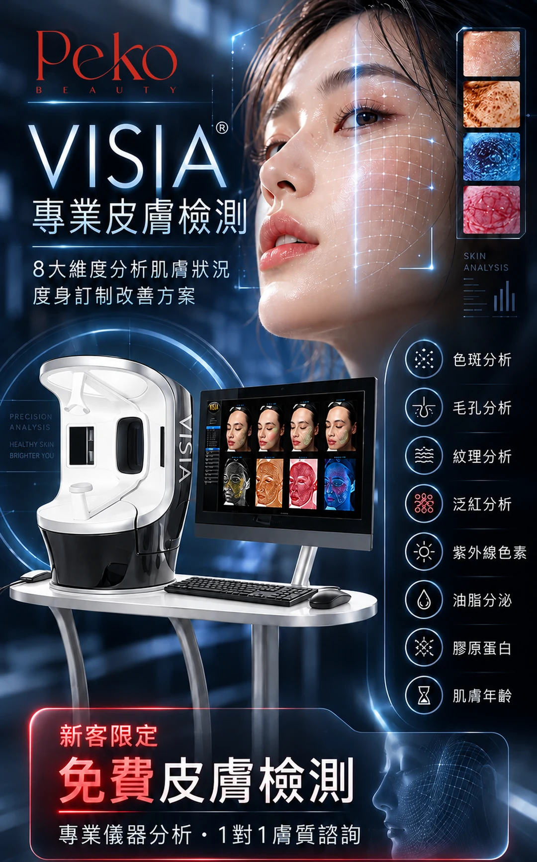 VISIA 專業皮膚檢測宣傳圖：8 大維度分析肌膚狀況，新客限定免費皮膚檢測