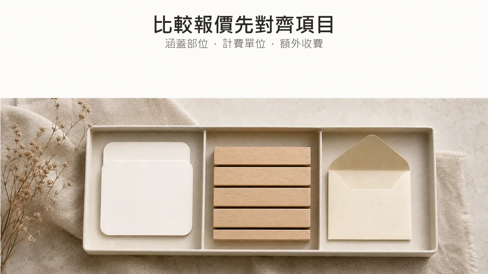 AI 示意圖:分格紙托中的空白紙卡、無刻度木片及小信封,象徵核對報價療程,並非實際價目表。