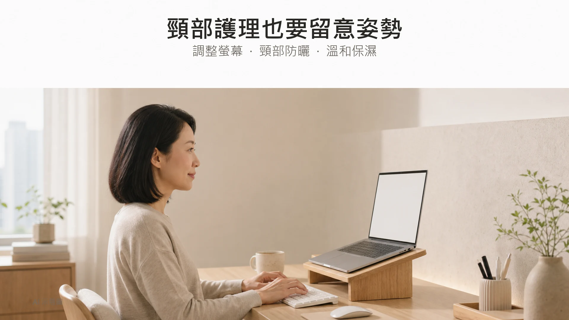 AI 示意圖:成年東亞女性坐在書桌前,以視線接近水平的螢幕示意日常姿勢管理。