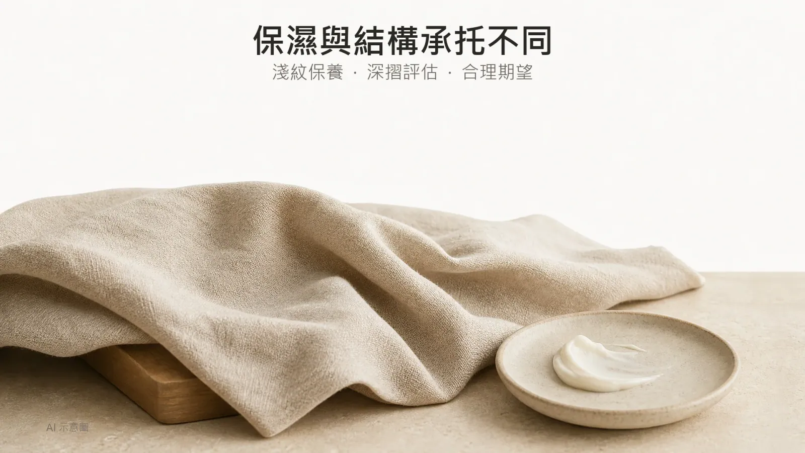 摺起的米色布料、下方木質支架與旁邊的保濕霜質地,以材質比喻保濕與承托的分別,屬 AI 示意圖,非皮膚結構圖。