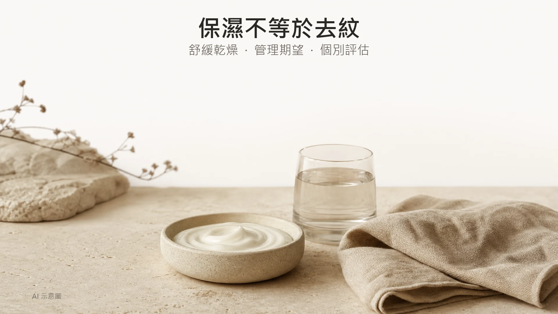 保濕霜小碟、透明水杯及保留摺痕的亞麻布靜物,以布紋作保養界限的比喻;AI 示意圖。