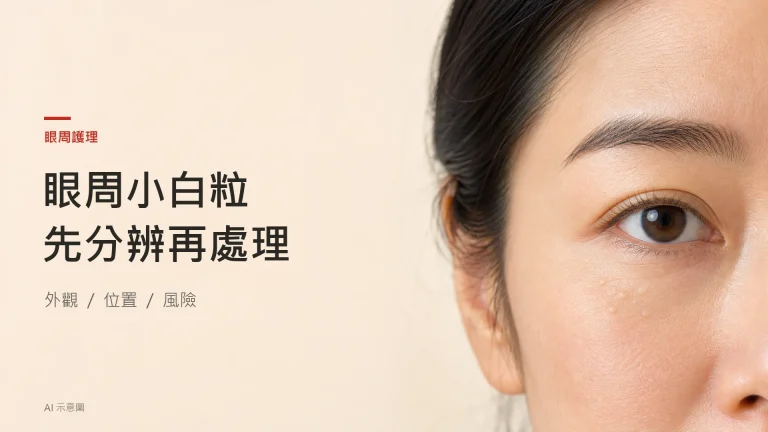 AI 示意圖：成年東亞女性眼周與面頰的自然細節，可見少量細小白色凸點；不能用作辨認皮膚病。