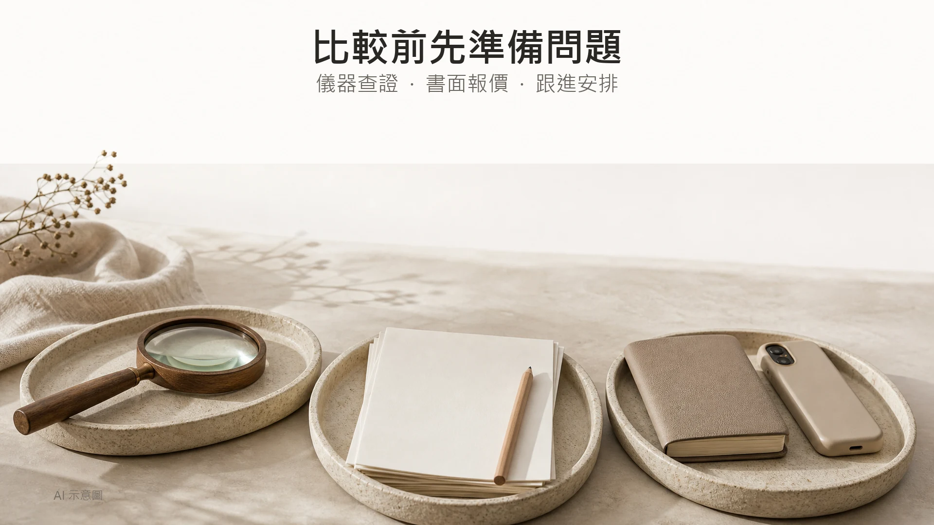 AI 示意圖:三個托盤分放查證、報價及跟進的象徵物件,並非真實認證或報價文件。