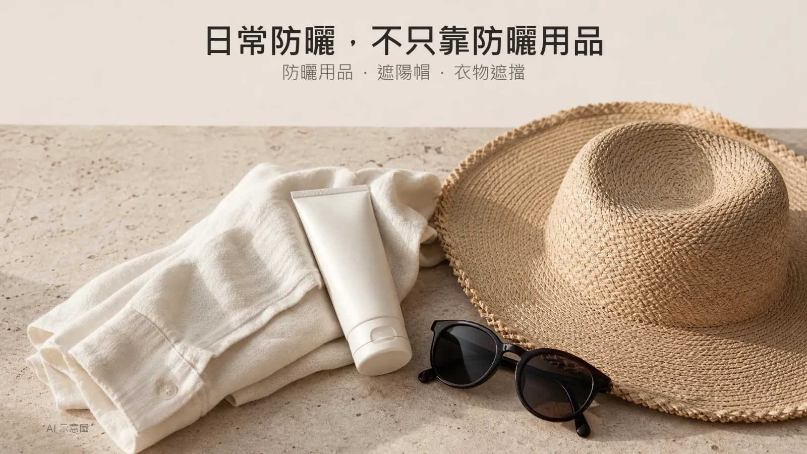 暖米色靜物照,陽光在象牙色牆上投下窗格影,草帽與無標籤素色軟管平放亞麻布上;AI 示意圖。