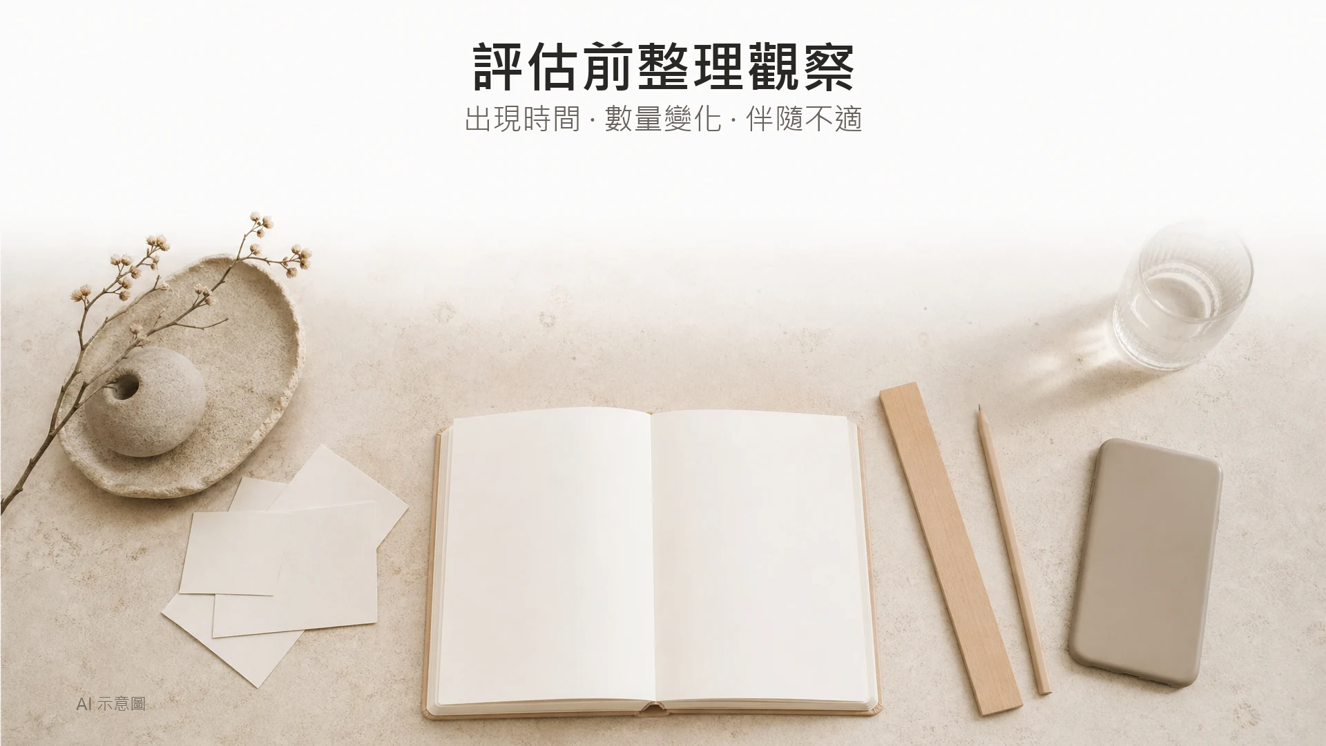 AI 示意圖：空白記事簿、無刻度尺及背面朝上的手機，象徵整理色斑觀察資料。