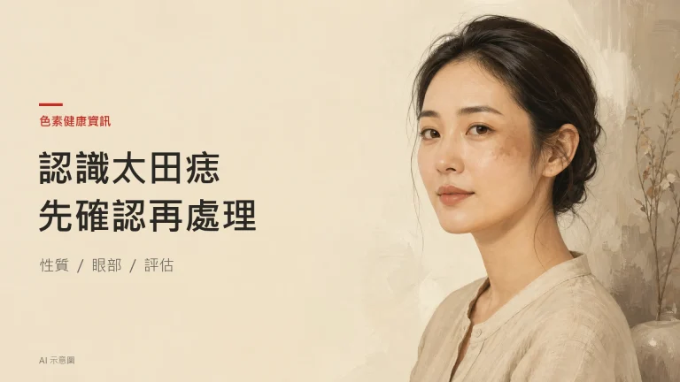 AI 示意圖：成年東亞女性一側眼周至面頰有灰褐色色素的概念插畫，並非診斷或真實病例。