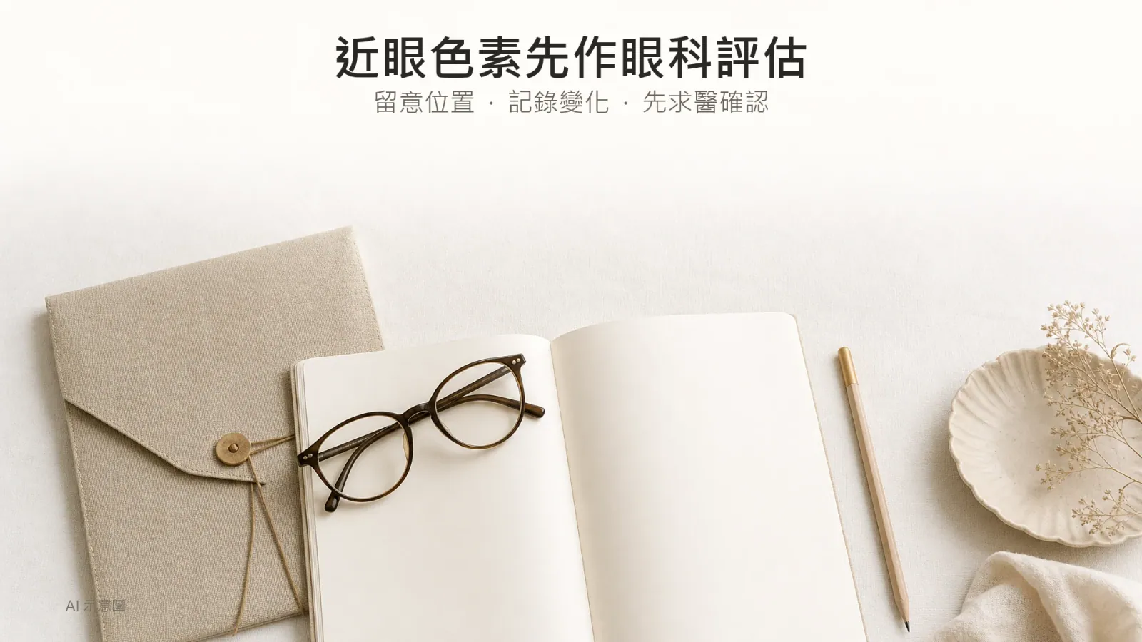 AI 示意圖:眼鏡、空白記事簿及收好的隨身文件袋,象徵近眼色素求醫前的準備。