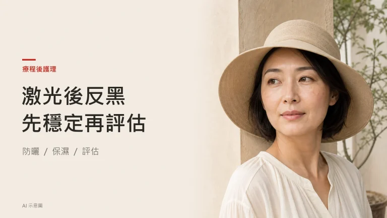 AI 示意圖：成年東亞女性戴米色闊邊帽，面頰保留自然色差，呈現遮擋日曬的日常情境，並非療程後實拍。