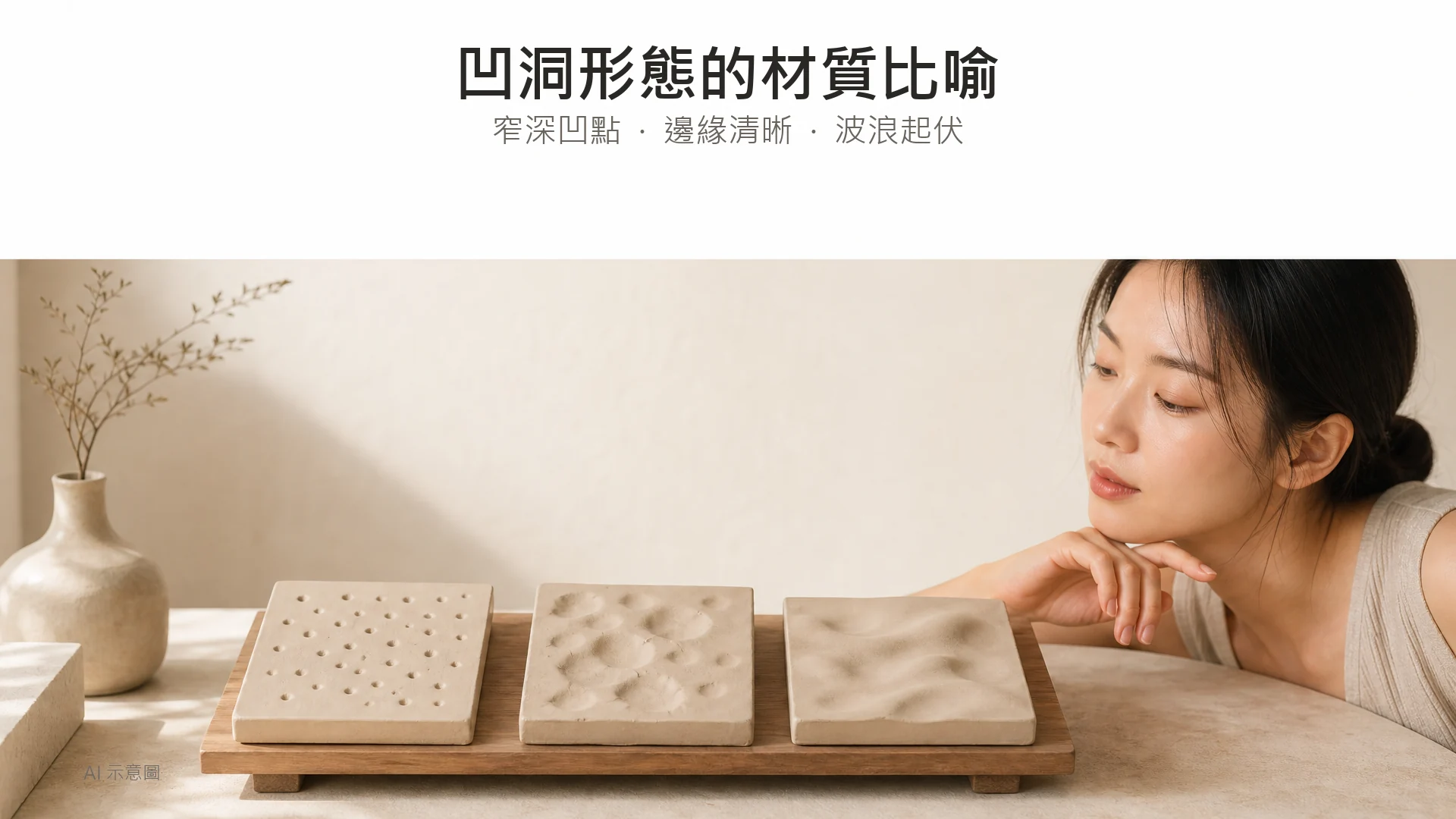 AI 示意圖:三塊米色陶土以窄凹點、邊緣清晰的凹槽及波浪起伏比喻凹洞形態,並非皮膚解剖圖。