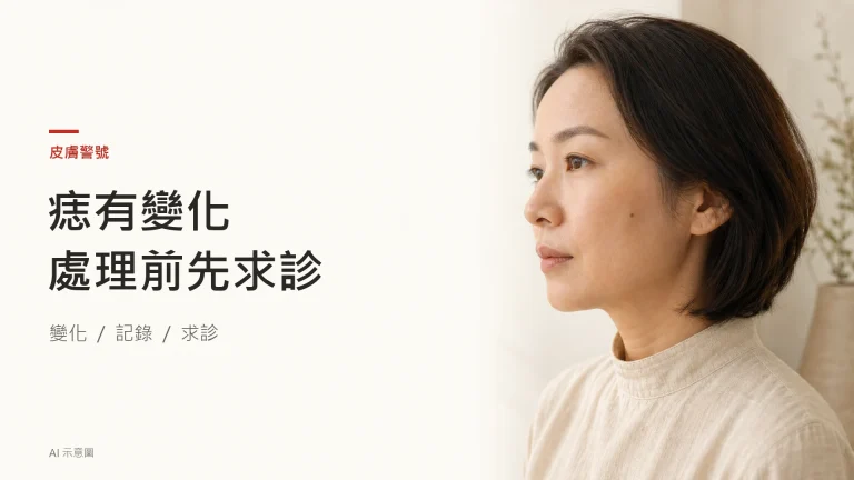 AI 示意圖：成年東亞人士留有自然小痣的面頰側面，提醒留意皮膚變化，並非病灶診斷照片。