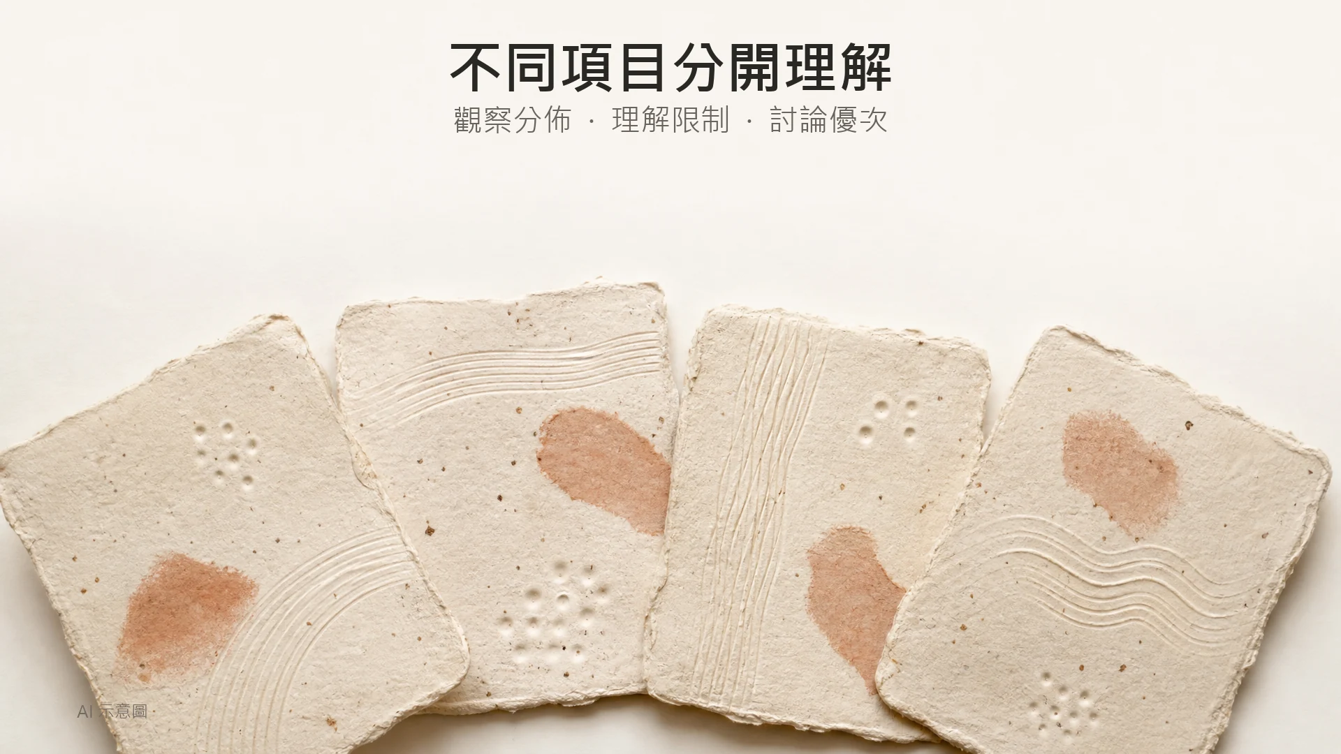 不同斑點、孔洞、暖色印記及細紋的紙質小板,以材質比喻分析療程,並非皮膚掃描或診斷圖;AI 示意圖。