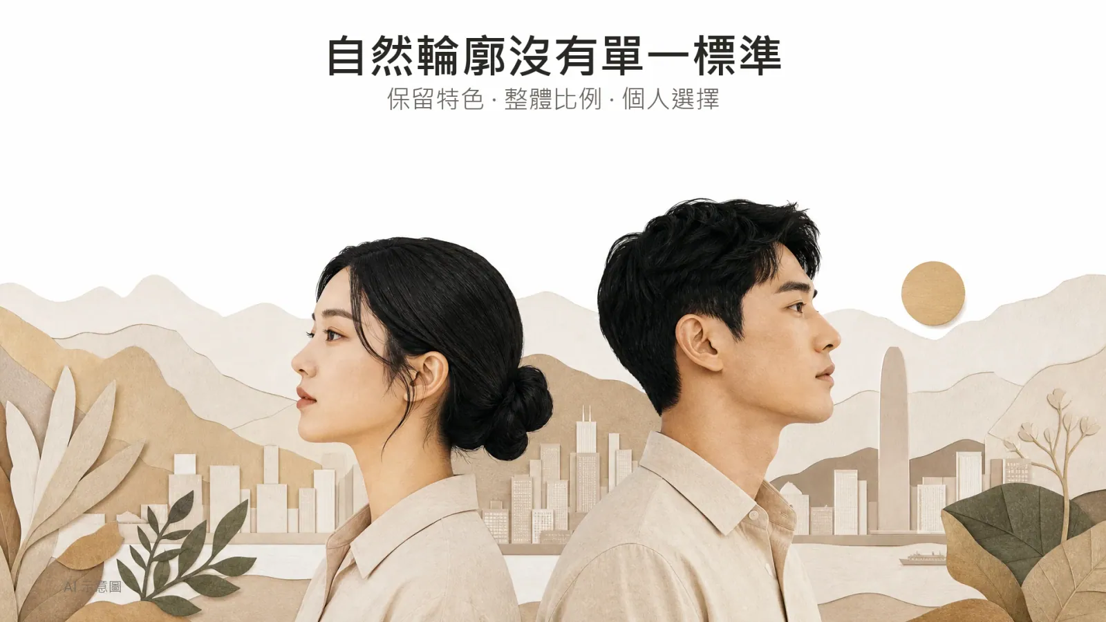 AI 示意圖:兩位不同成年東亞人士的紙藝側面輪廓,呈現面型差異,並非前後對比。