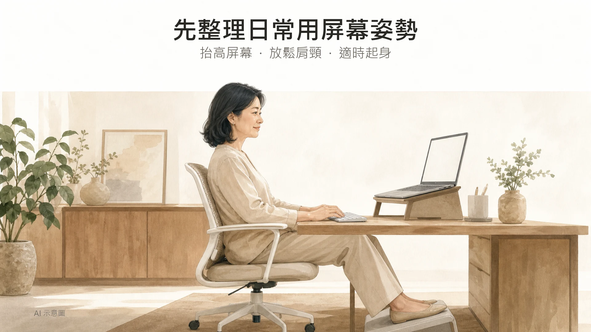 AI 示意圖:穿着整齊的成年東亞女性在書桌前使用抬高的電腦屏幕,示意日常姿勢安排。