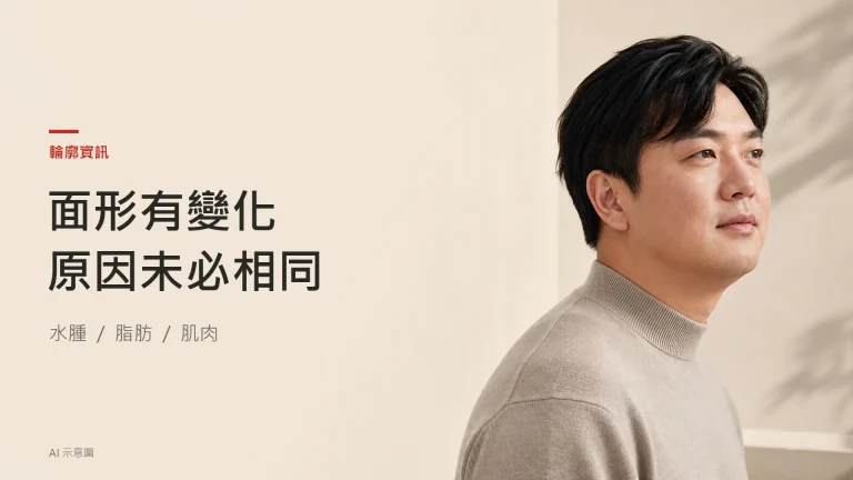 AI 示意圖：成年東亞男性的自然側面輪廓，保留面頰豐滿度，沒有修尖面形或瘦面效果對比。