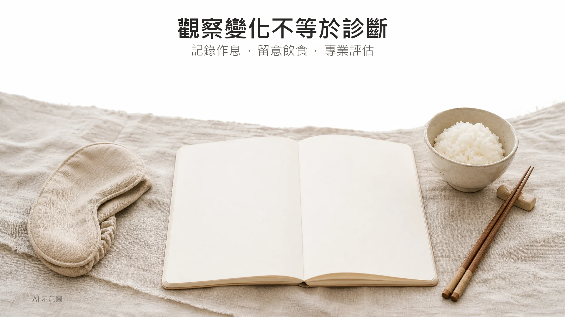 AI 示意圖:空白記事簿、無圖案睡眠眼罩與日常飯碗,象徵整理作息及飲食記錄,而非面圍診斷工具。