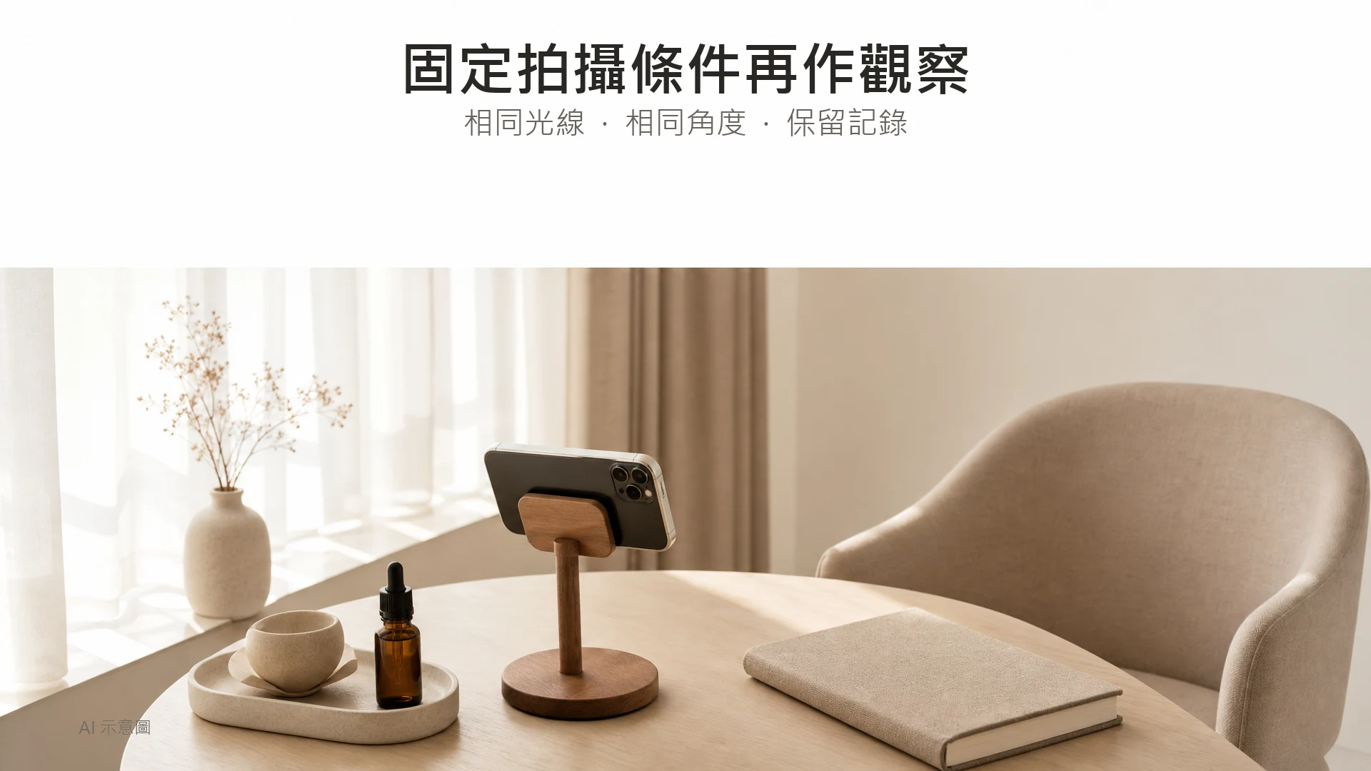 AI 示意圖:窗邊固定手機支架與座椅的記錄佈置,沒有展示療程前後照片或效果證據。