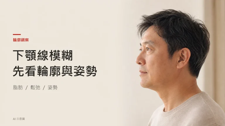 AI 示意圖：右側成年東亞男士的自然側面與下顎輪廓，穿圓領上衣，沒有提拉或修飾效果。