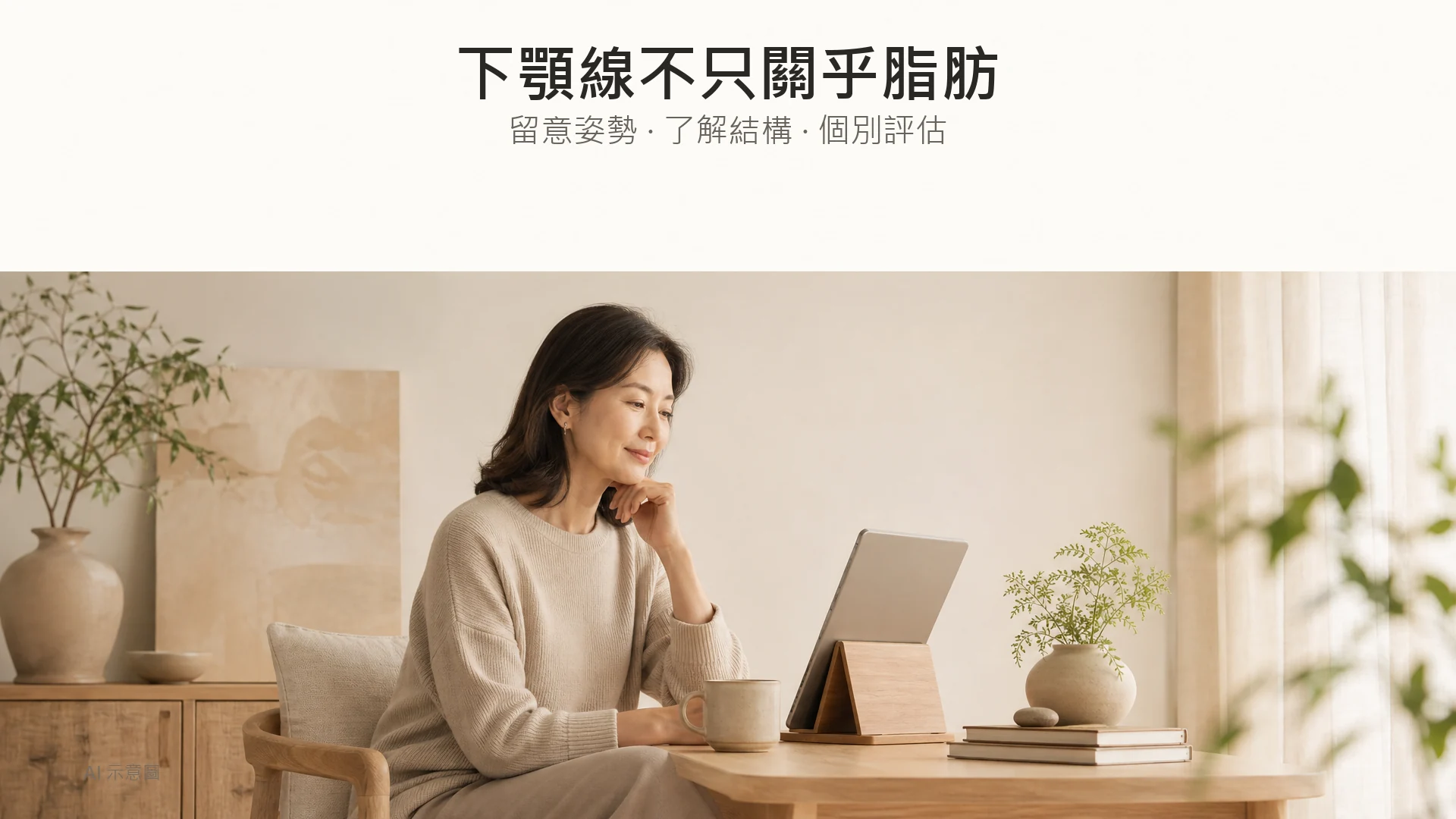 AI 示意圖:成年東亞女士坐在桌旁,把平板置於較高的木架上閱讀,呈現日常姿勢觀察,非改善效果證明。