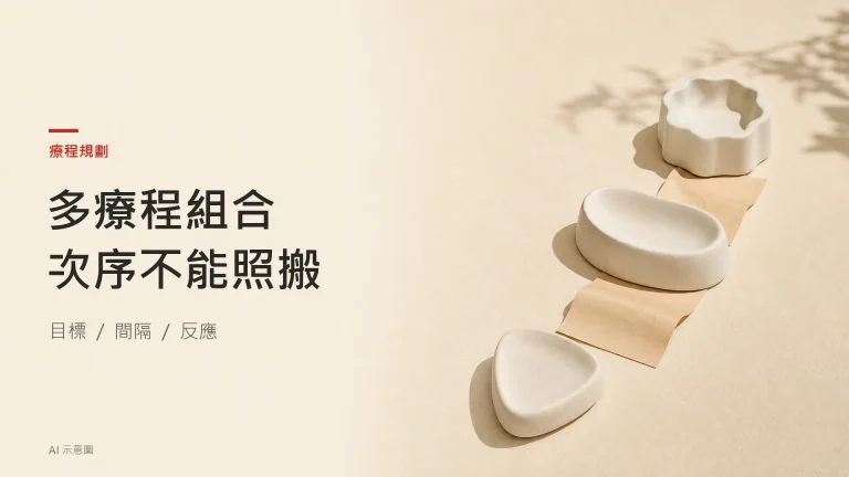 AI 示意圖：有間距的陶瓷圓片與摺疊紙條，以非醫學比喻呈現療程之間需要安排空間。