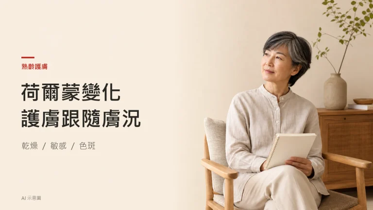 AI 示意圖：成年東亞熟齡女性坐在家中，手持空白記事簿，呈現記錄膚況的日常情境。