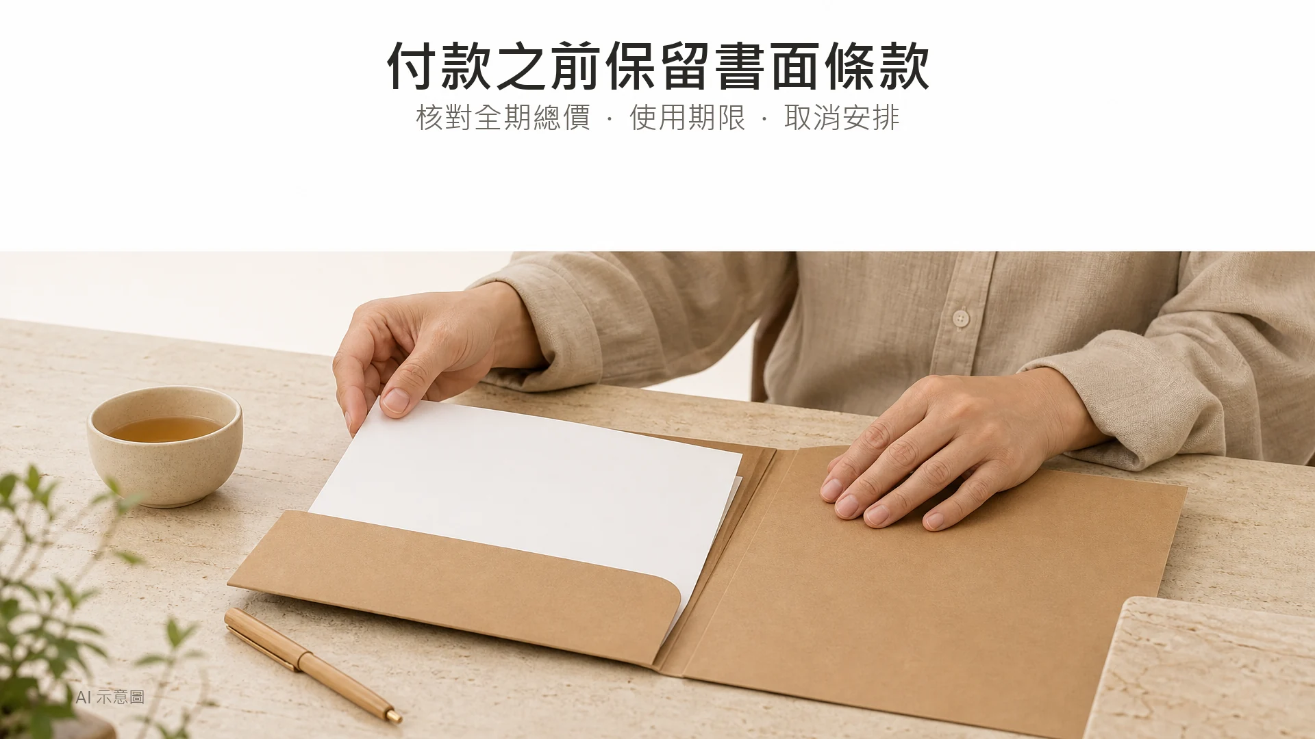 AI 示意圖:成年東亞人士雙手整理空白合約紙與文件袋,象徵付款前保留條款及消費紀錄。