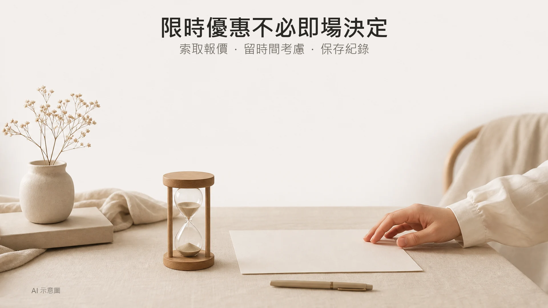小沙漏、未簽署的空白紙與離開紙面的手並置,象徵不受限時優惠催促,屬 AI 示意圖,並非真實銷售場景。