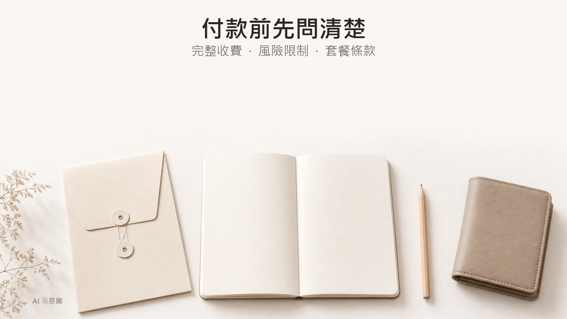 空白筆記簿、鉛筆、文件信封與合上的錢包，象徵付款前整理收費及條款問題；AI 示意圖。