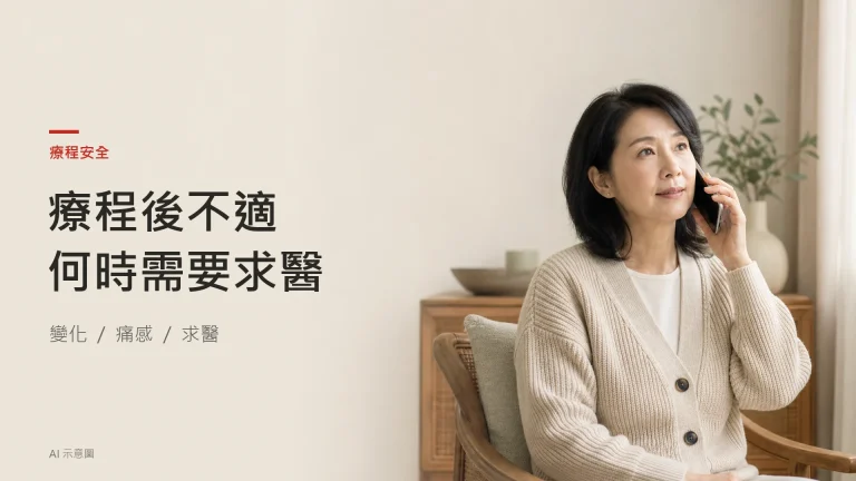 AI 示意圖：穿便服的成年東亞女性拿起手機尋求協助，並非真實副作用個案。