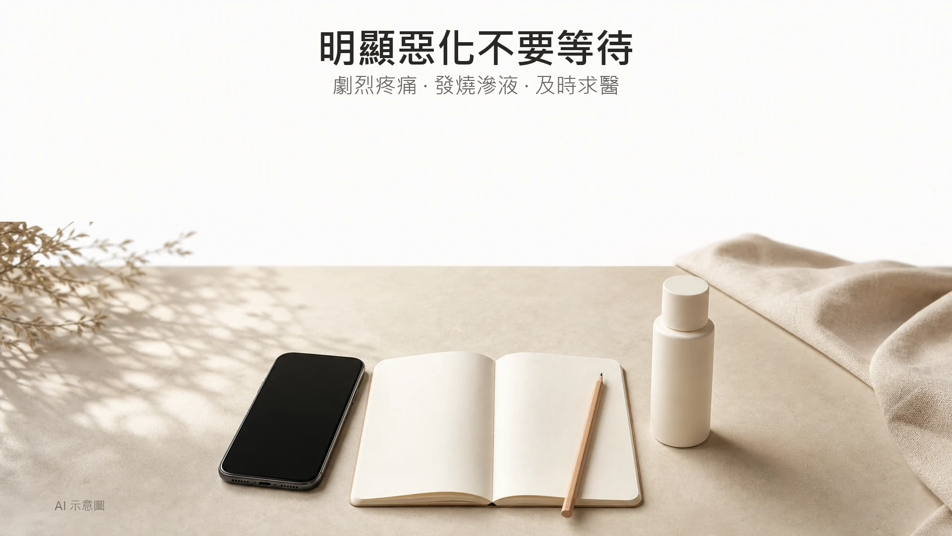 AI 示意圖：空白記錄頁、手機及合上的護膚瓶，象徵記錄不適並尋求協助。