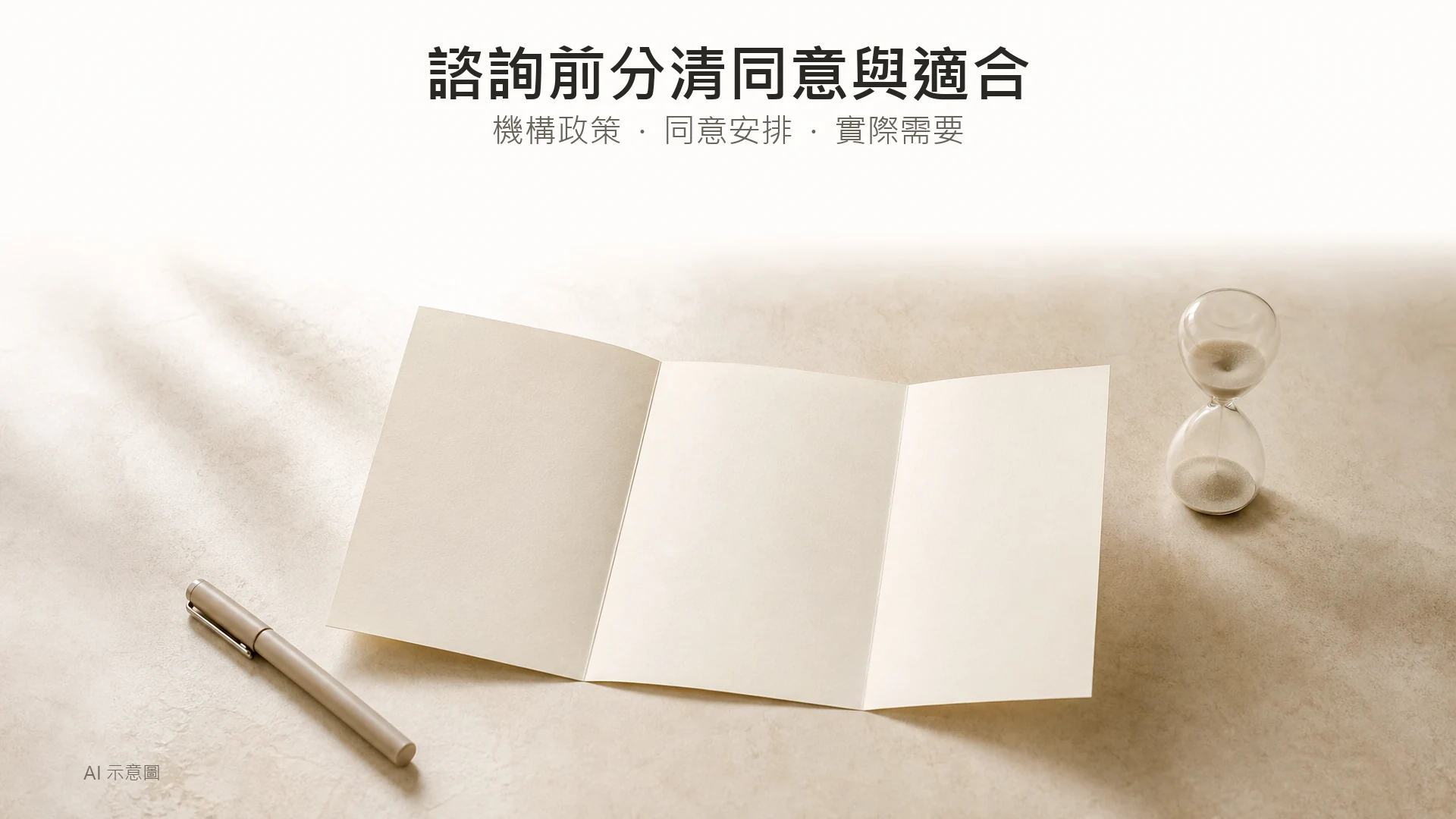 AI 示意圖：空白摺頁文件、收起的筆及沙漏，象徵先了解資料再作療程決定。