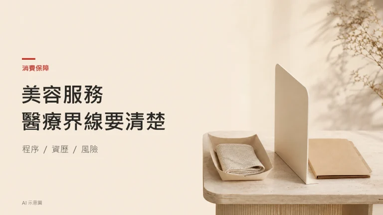 AI 示意圖：棉巾紙托與空白轉介文件夾分隔擺放，象徵美容服務與醫療評估的界線，並非官方認證。