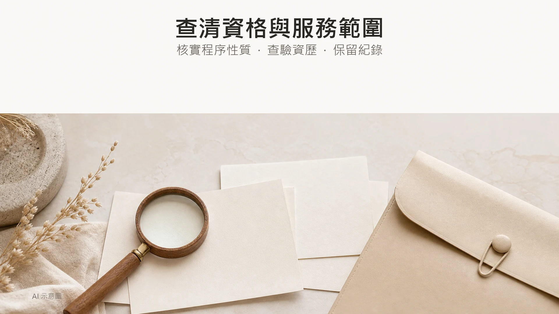 AI 示意圖:放大鏡、空白資料卡及收納文件袋的核對靜物,象徵查驗服務資料,沒有真實證書或印章。