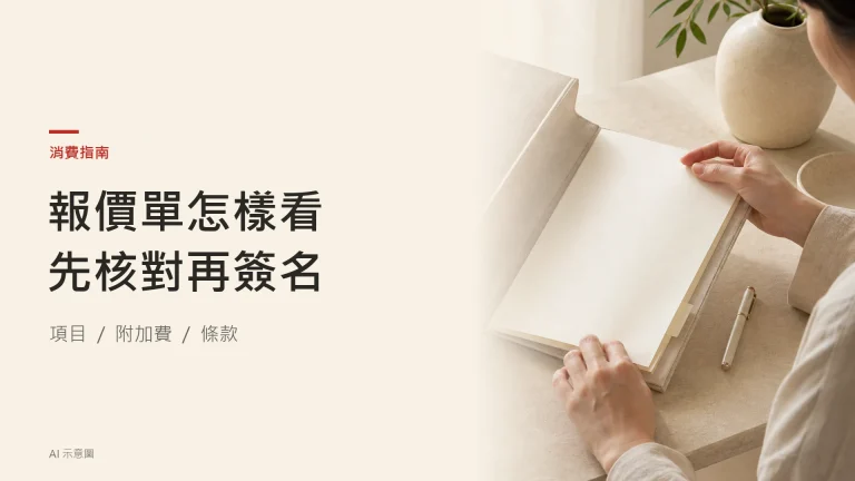 AI 示意圖：成年人的手翻開素色文件夾，旁放未使用的筆，象徵簽名前查閱報價及條款，紙上沒有實際報價。