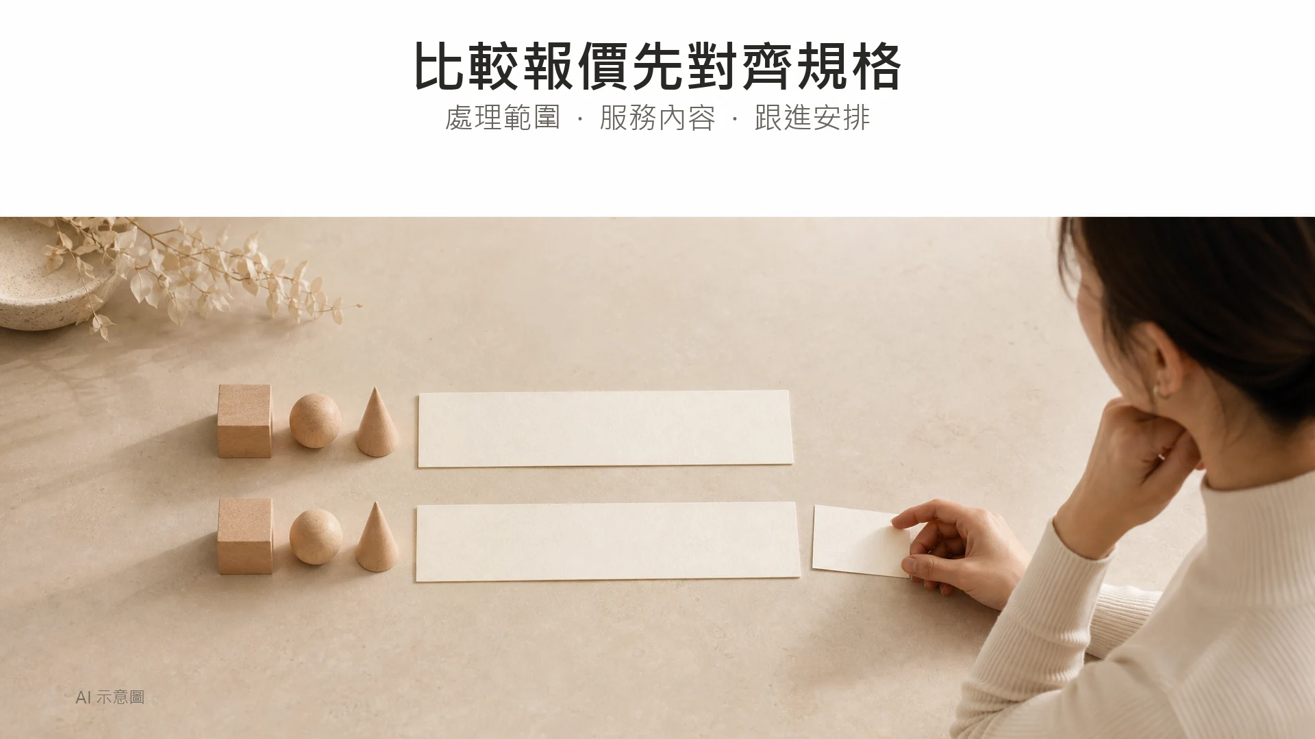 AI 示意圖：兩組空白報價卡與相同形狀的木片平行排列，比喻按相同規格比較服務。