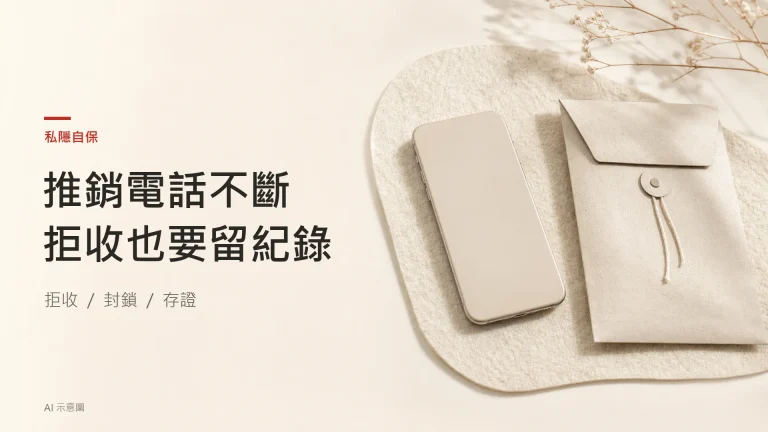 反面放置的無標誌手機與封口信封，象徵減少推銷打擾及保護個人資料，左側留白，屬 AI 示意圖。