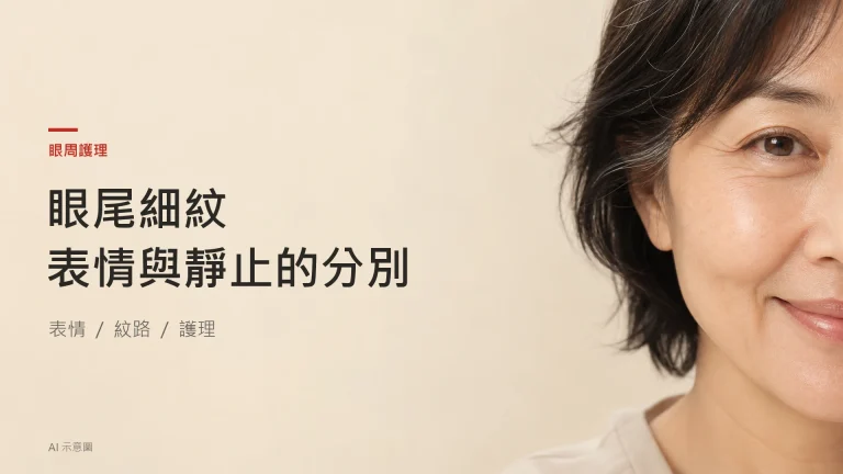 AI 示意圖：右側成年東亞女士微笑時的眼尾局部，保留自然細紋與皮膚質感，非療程前後照片。