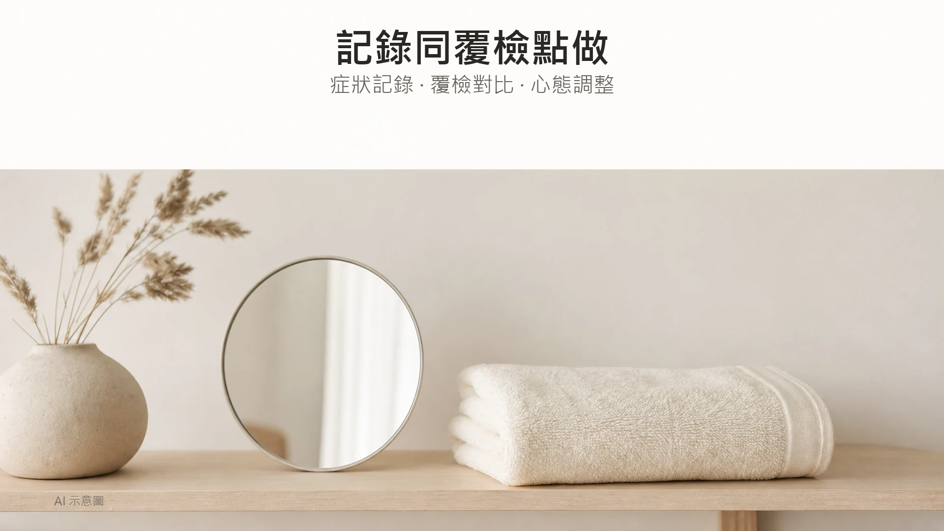 AI 示意圖：淺色木架上有一個小圓鏡同一條摺好嘅象牙色手巾，暖色調，上方留白。