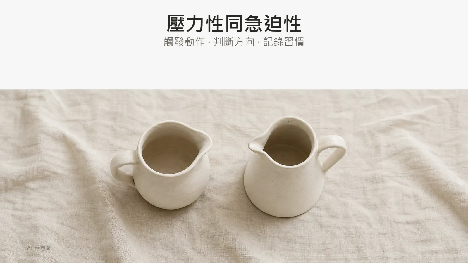AI 示意圖:象牙色亞麻布上並排兩隻形狀不同嘅素色陶瓷小壺,暖色調,上方留白。