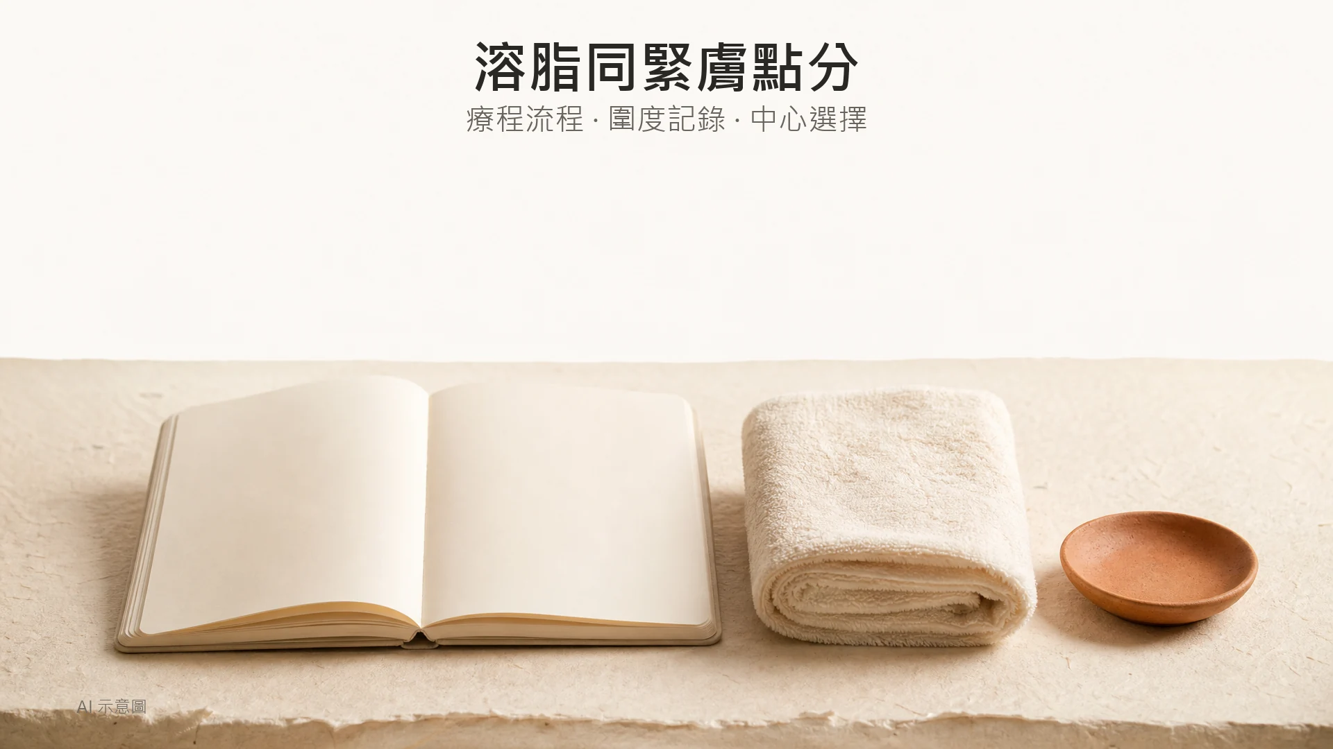 AI 示意圖：暖色調靜物照，上緣留白，中央下方有一本無字筆記本、摺好嘅米白軟毛巾及一個小陶碟並排放於暖象牙紙上。