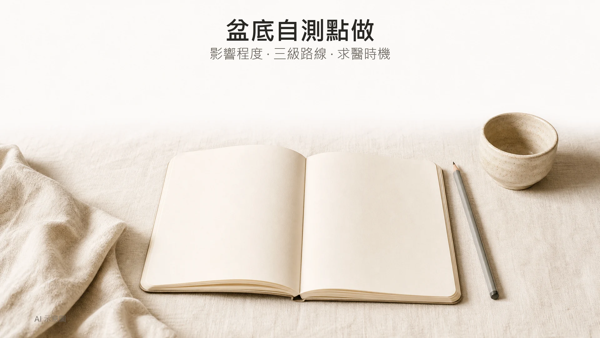 AI 示意圖:暖色調靜物照,上緣留白,中央下方有空白筆記本、一支灰鉛筆及小瓷杯放在淺色亞麻上,紙上無任何文字。