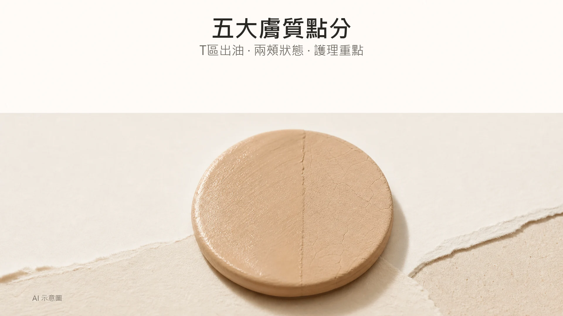 AI 示意圖：暖色調靜物照，上緣留白，中央下方一塊膚色啞光陶土圓盤，左半邊受光呈微亮、右半邊偏乾霧面。