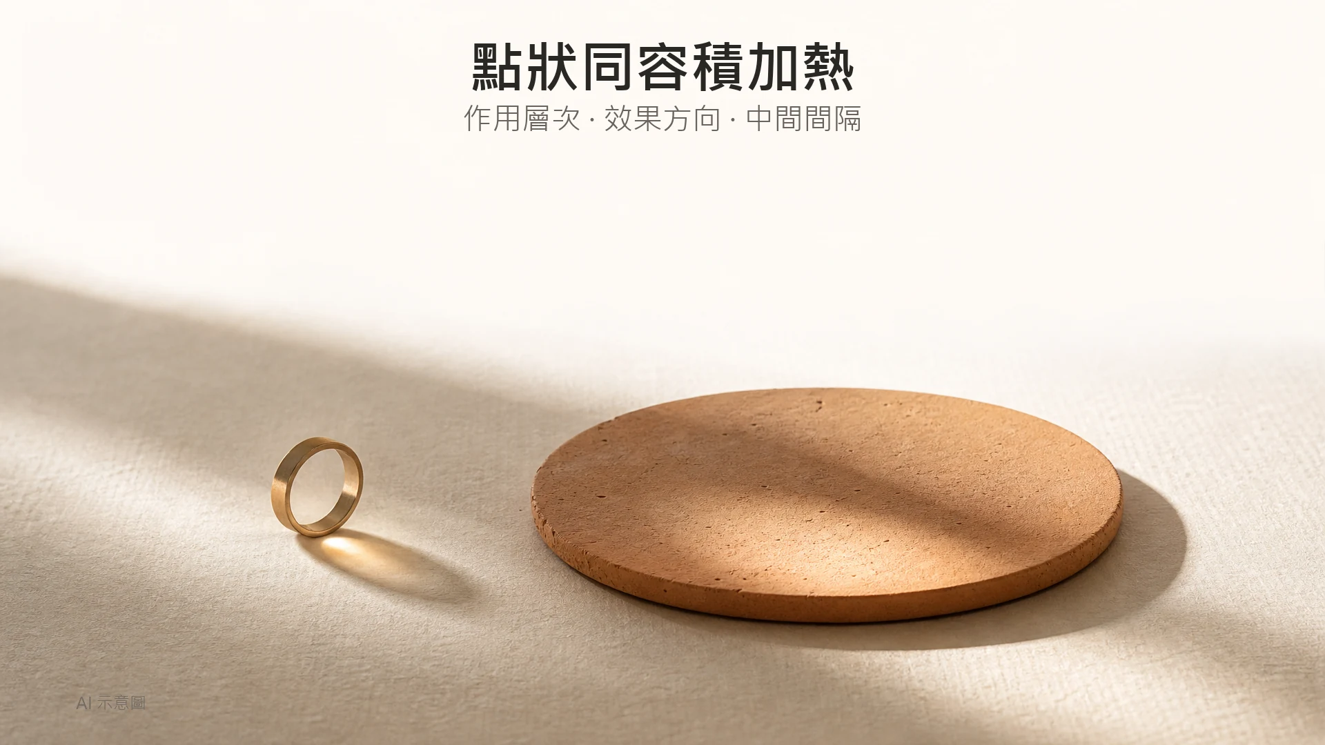 AI 示意圖:暖色調靜物照,上緣留白,中央下方一只小銅環與一塊扁平陶土圓片,陽光分別投下一個細點光班與一片廣闊柔光。