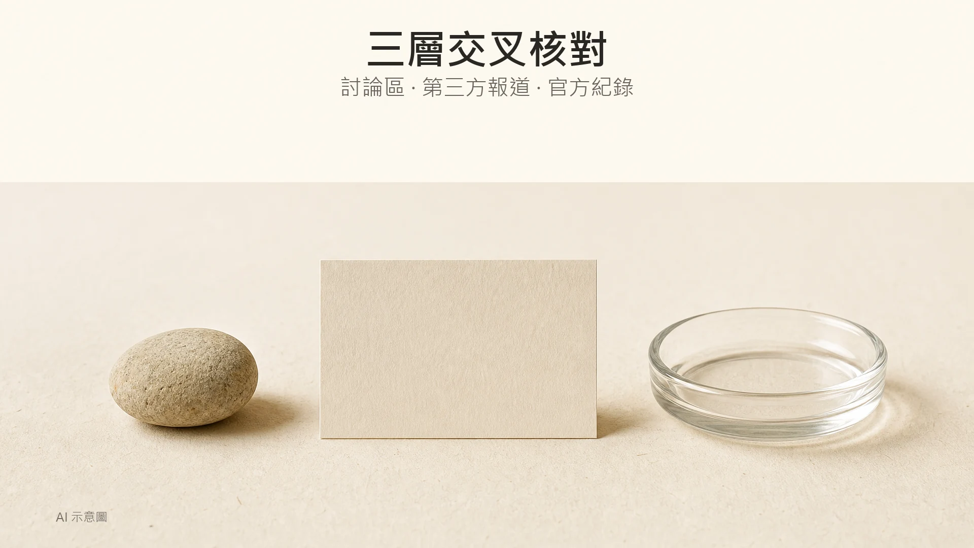 Peko Beauty好唔好?連登、親子王國網民實測咁講,做完唔買Course,顧問都笑住送你出門口 - Peko Beauty 肌源解碼美學|Sylfirm X.BTL Exion.HIFU 專家|旺角朗豪坊 AI 示意圖:暖色調靜物照,上緣留白,中央下方三件素色物件橫向排列:小圓石、空白卡紙及透明玻璃碟。