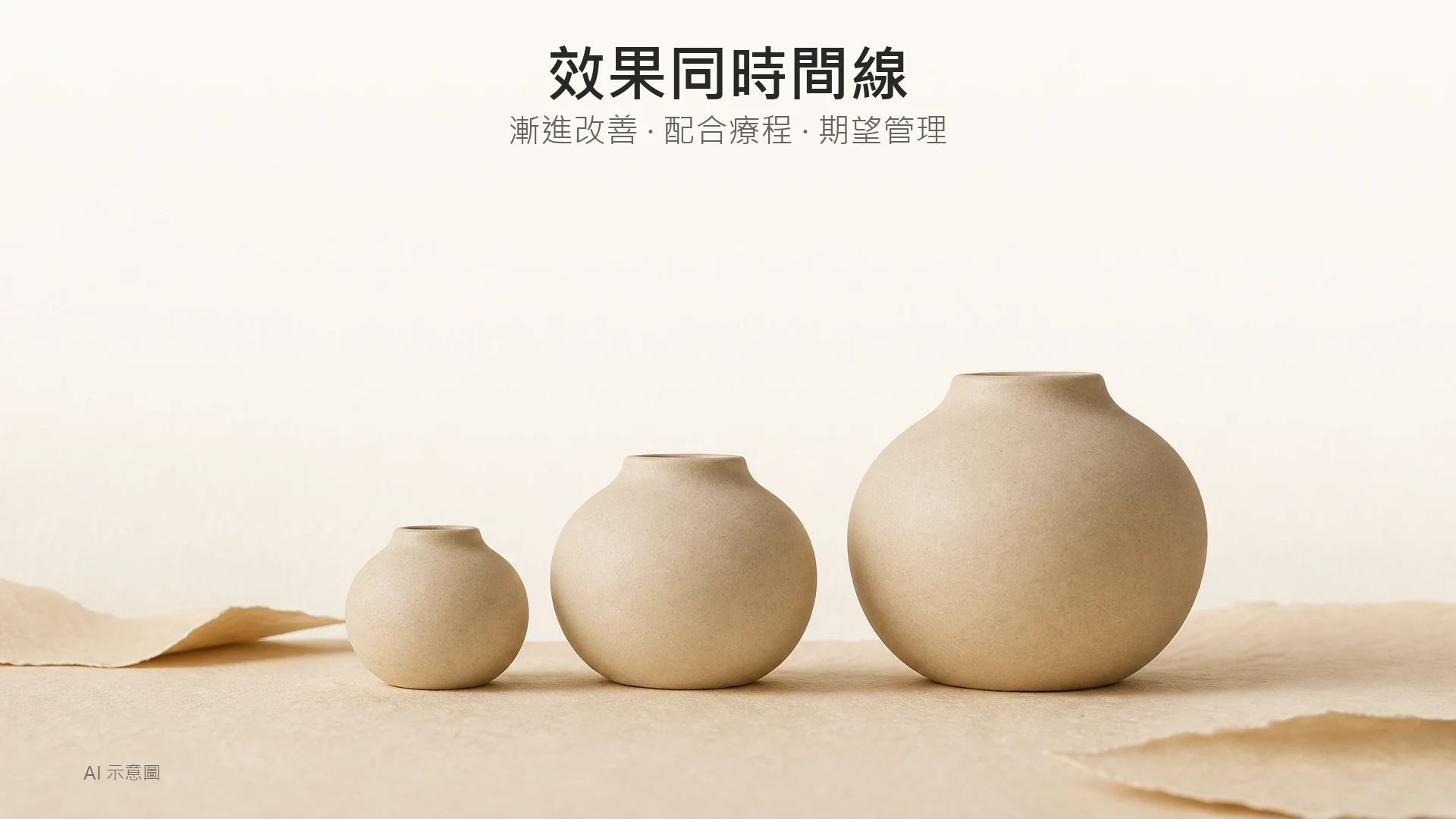 AI 示意圖:暖色調靜物照,上緣留白,中央下方三個由小至大的無標籤素色陶瓶並排於暖象牙紙上。