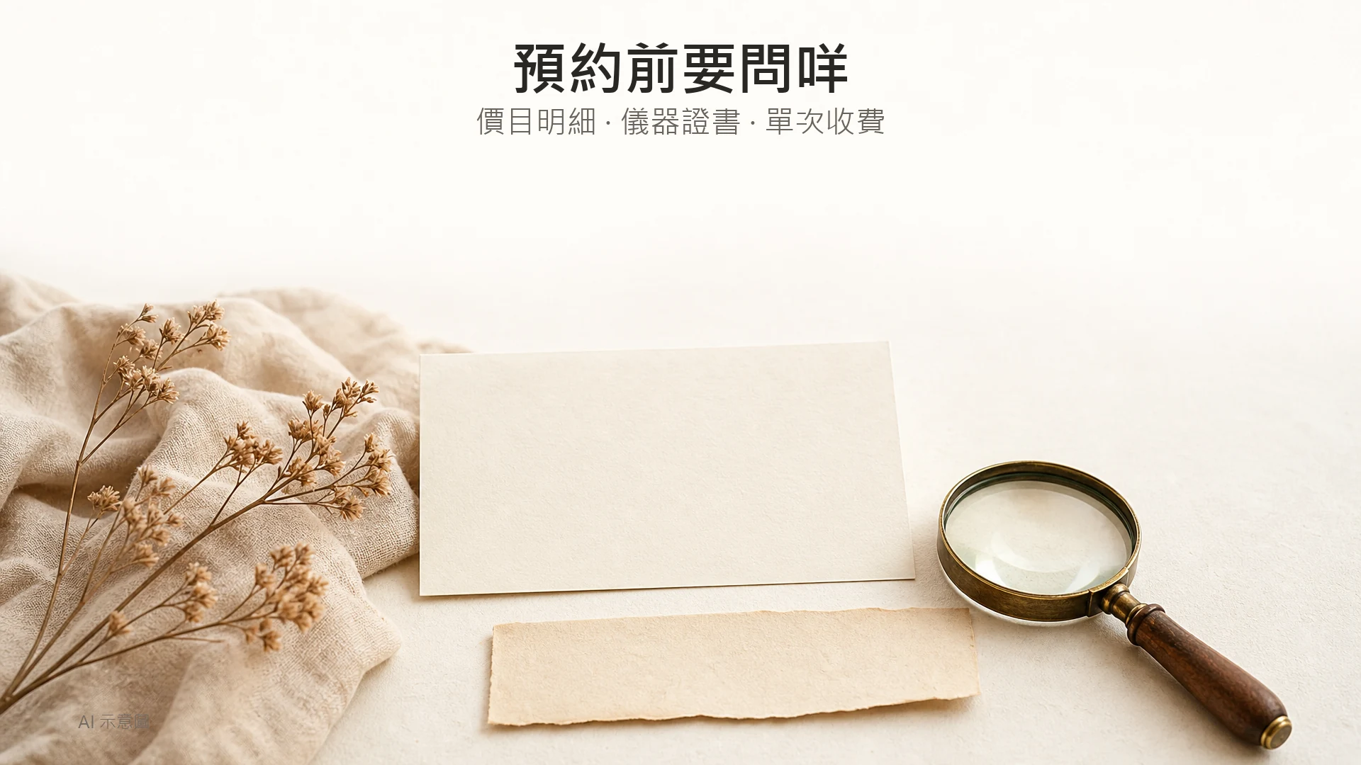 AI 示意圖：暖色調平鋪照，上緣留白，下方一張空白卡紙、一個小圓放大鏡及一張無字嘅素色紙條。