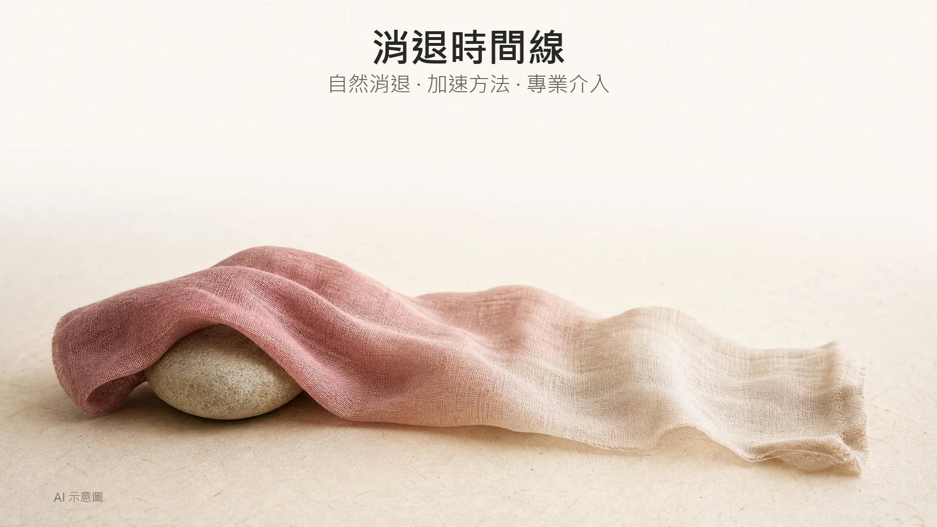 暗瘡印幾個月都唔退?分清紅印、黑印同凹凸洞成因,去印時間線、真正有效成分,同 3 個令印加深嘅日常壞習慣 - Peko Beauty 肌源解碼美學|Sylfirm X.BTL Exion.HIFU 專家|旺角朗豪坊 AI 示意圖:暖色調靜物照,上緣留白,中央下方一條由淡玫瑰漸變至米白的柔軟亞麻布,鬆鬆蓋在一顆平滑小石上。