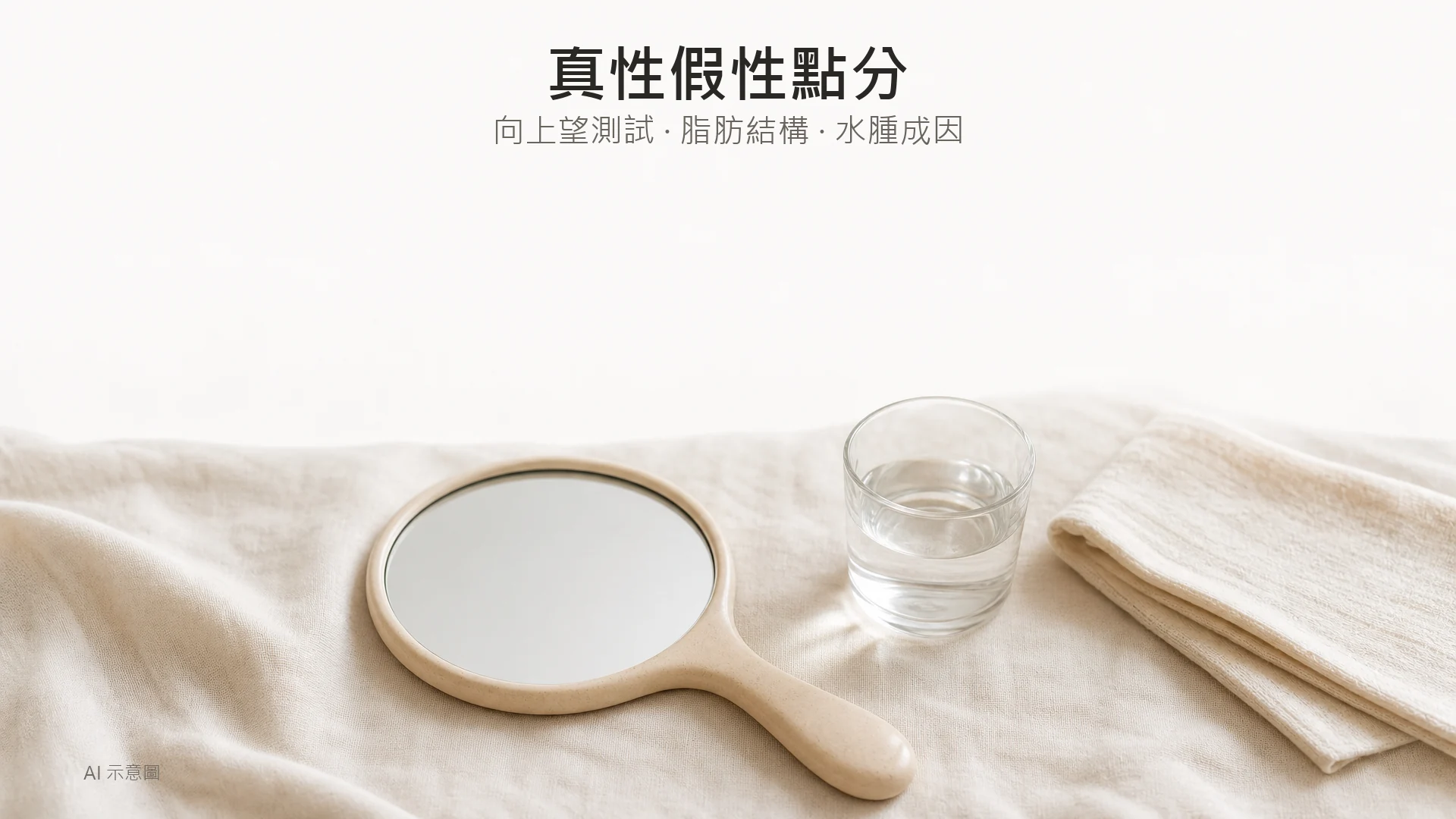 AI 示意圖:暖色調靜物照,上緣留白,中央下方一面打開嘅手持鏡、一小杯清水與摺好棉布並放於淺色亞麻上。