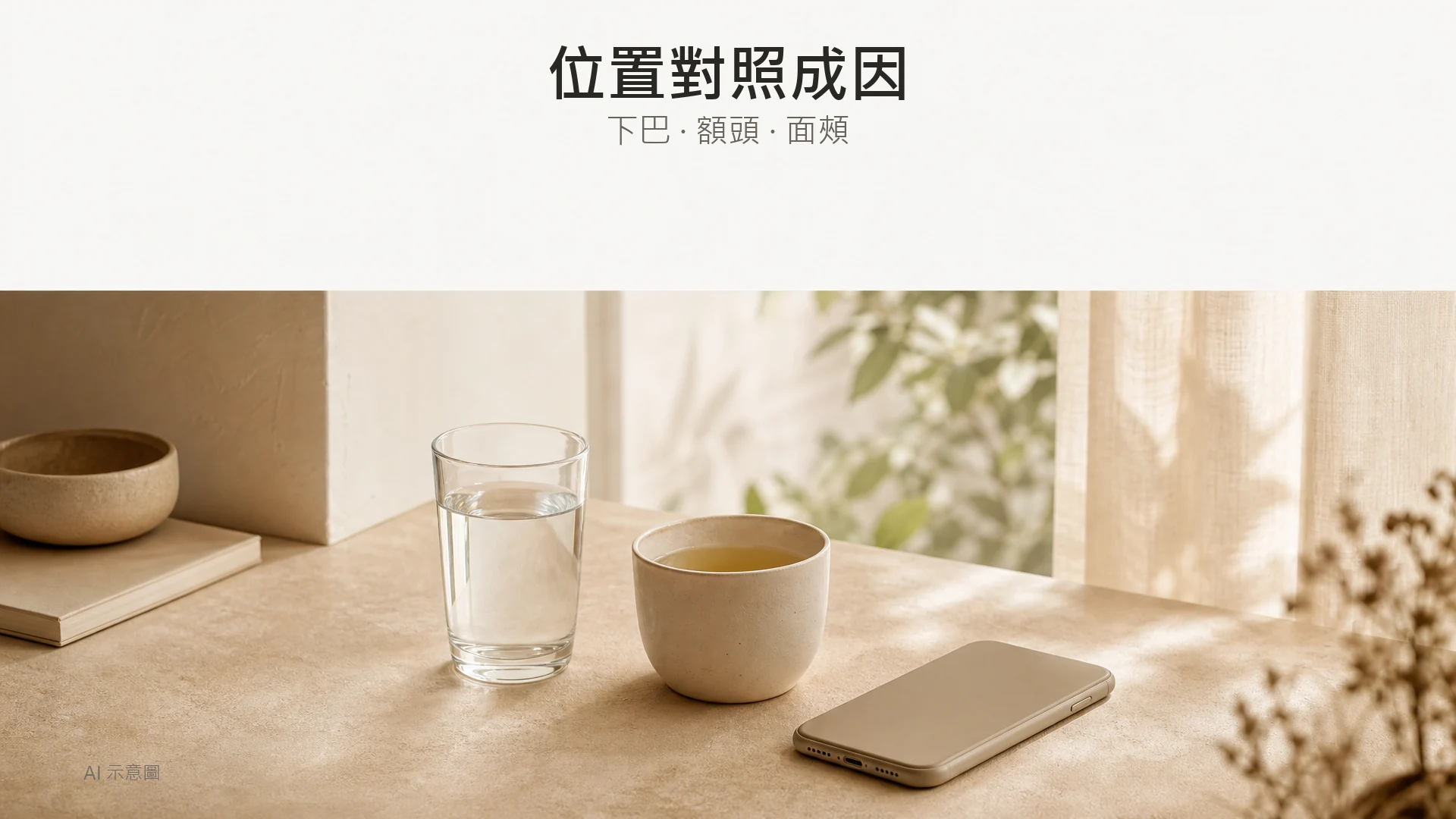 AI 示意圖:暖米色桌面上一個普通玻璃水杯、一隻素色陶瓷杯同一個反轉擺放嘅手機,窗光柔和,桌面無任何文字。